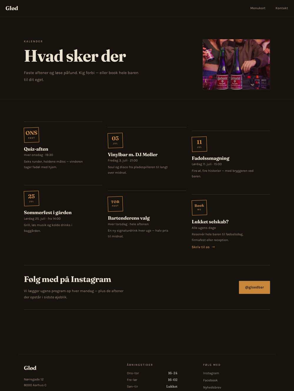 Arrangementsside fra en bar-demo: faste aftener og enkeltdatoer med tid og beskrivelse.