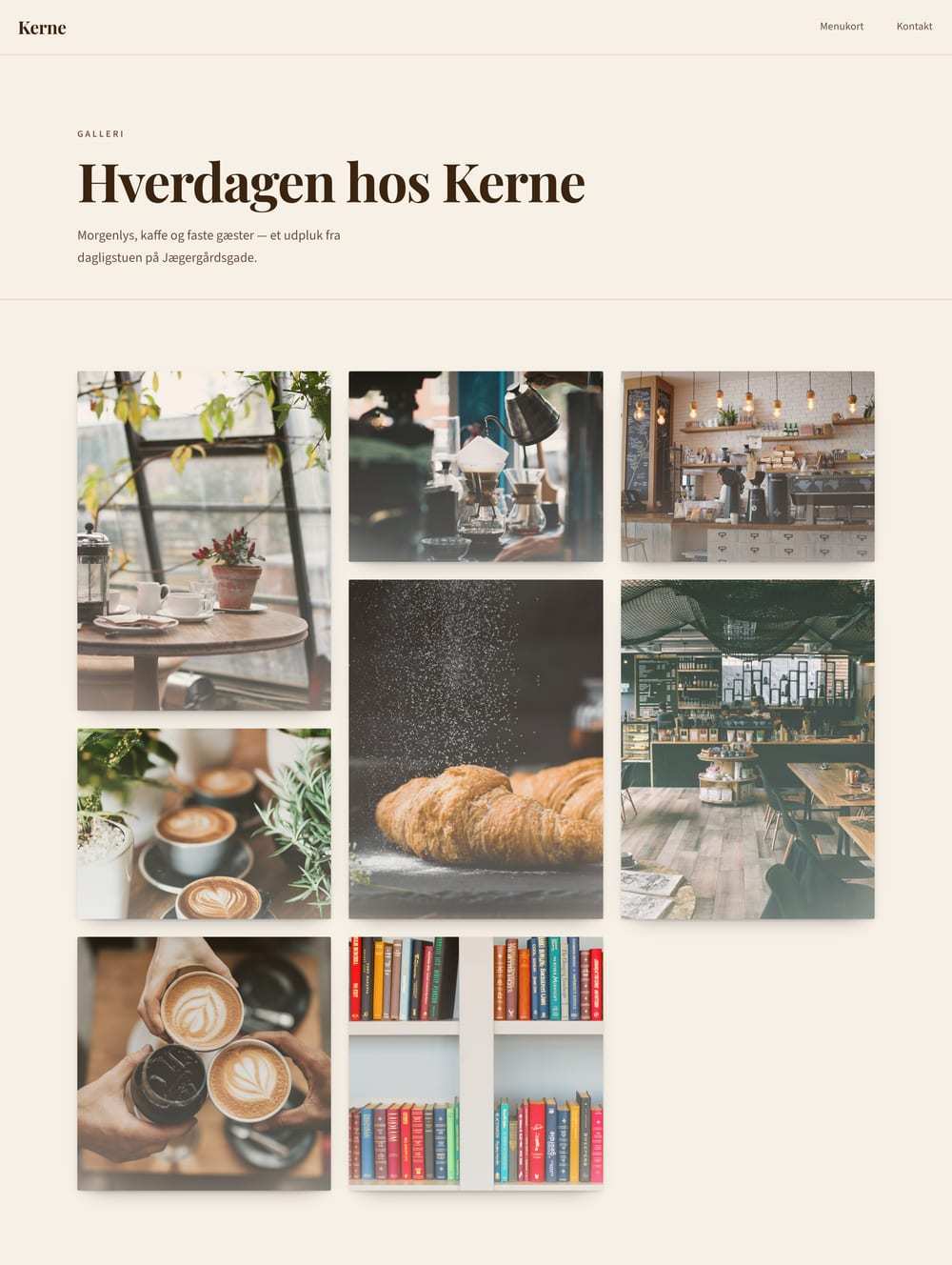 Galleriside fra en café-demo: billeder af stedet i et roligt gitter.